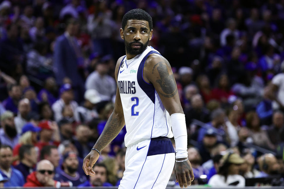 PHILADELPHIA, PENNSYLVANIA - MARCH 29: Kyrie Irving #2 of the Dallas Mavericks looks on during the fourth quarter against the Philadelphia 76ers at Wells Fargo Center on March 29, 2023 in Philadelphia, Pennsylvania. NOTE TO USER: User expressly acknowledges and agrees that, by downloading and or using this photograph, User is consenting to the terms and conditions of the Getty Images License Agreement. (Photo by Tim Nwachukwu/Getty Images)