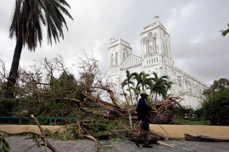 A man carrying branches from fallen trees walks next to the Cathedral after Hurricane Matthew in Les Cayes, Haiti, October 5, 2016. REUTERS/Andres Martinez Casares