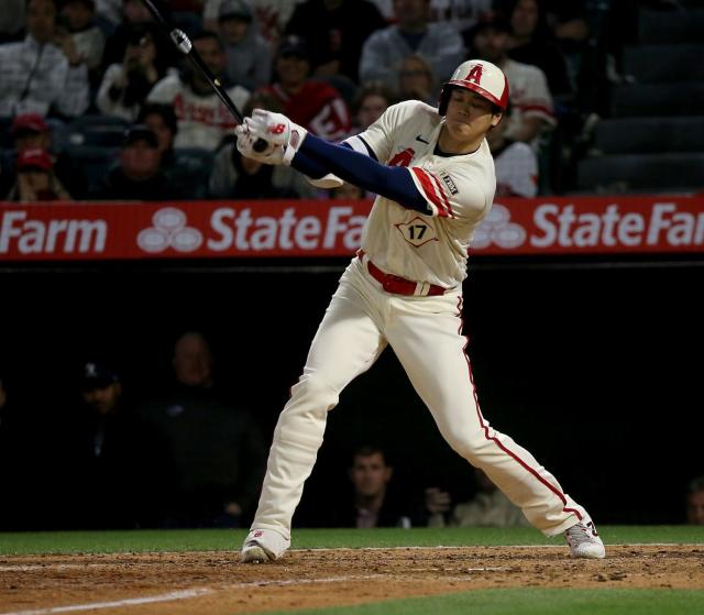The Angels&#39; Shohei Ohtani strikes out against the Houston Astros in the ninth inning at Angels Stadium.