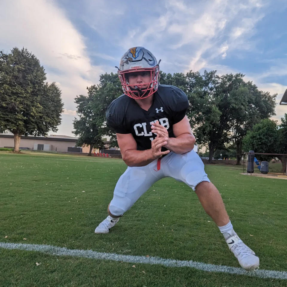 Foothill graduate Dylan LaBarbera strides during a drill at Shasta College on Tuesday, June 13, 2023 in preparation for the 46th Lions All-Star game on Tuesday, June 13, 2023.