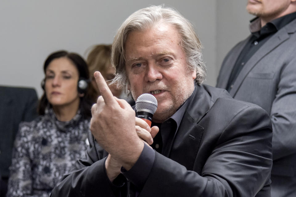 ROME, ITALY - MARCH 25: US president's former strategist Steve Bannon addresses during a debate entitled 'Sovereignism vs Europeanism' on the future of Europe and on how western democracies are transforming, at the headquarters of strategic consultancy Comin & Partners on March 25, 2019 in Rome, Italy. (Photo by Stefano Montesi - Corbis/Corbis via Getty Images)