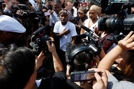 Stevante Clark, brother of police shooting victim Stephon Clark, speaks to members of the media at Stephon's funeral in Sacramento, California, U.S., March 29, 2018. REUTERS/Bob Strong