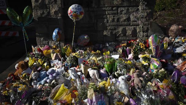 PHOTO: Balloons, flowers and other items left at a makeshift memorial for school shooting victims by the Covenant School building at the Covenant Presbyterian Church in Nashville, Tenn., March 29, 2023. (Brendan Smialowski/AFP via Getty Images)