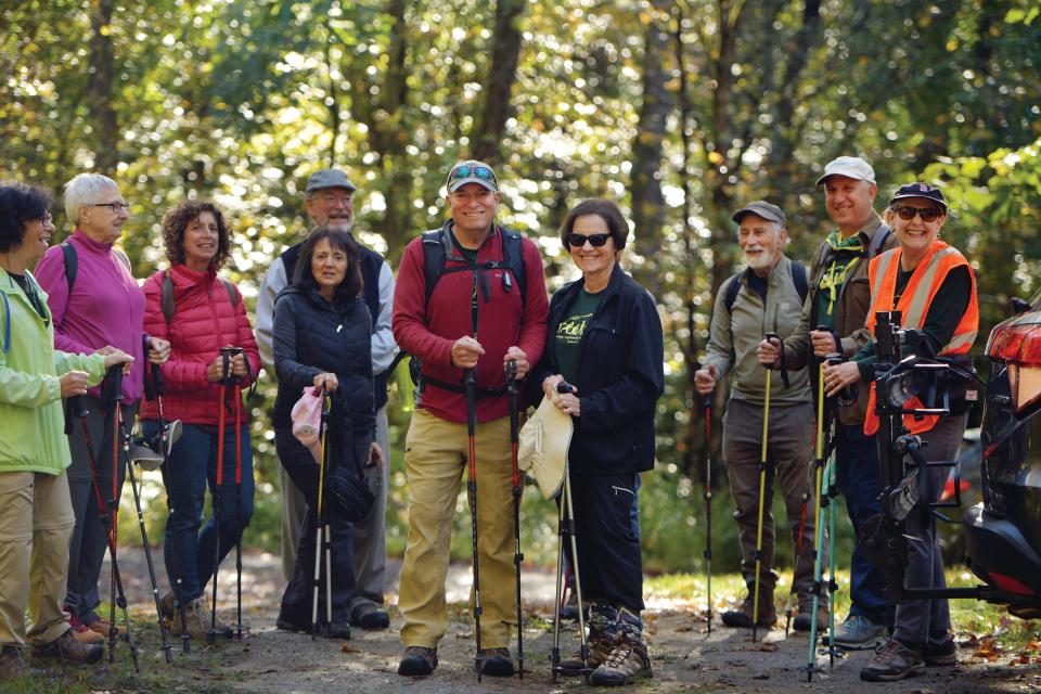 Glenn Anderson and his wife, Georgia, with some members of the Vintage Vagabonds for a hike in Petersham in September. “I consider hiking as play; that and the camaraderie of the group are keys to happiness at our age,” says Glenn Anderson.