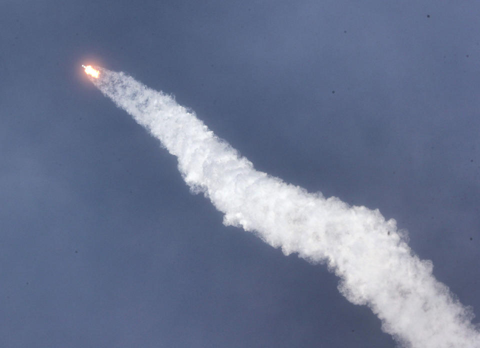 The SpaceX Falcon 9 rocket in the sky after lift-off from the Kennedy Space Center on May 30, 2020.