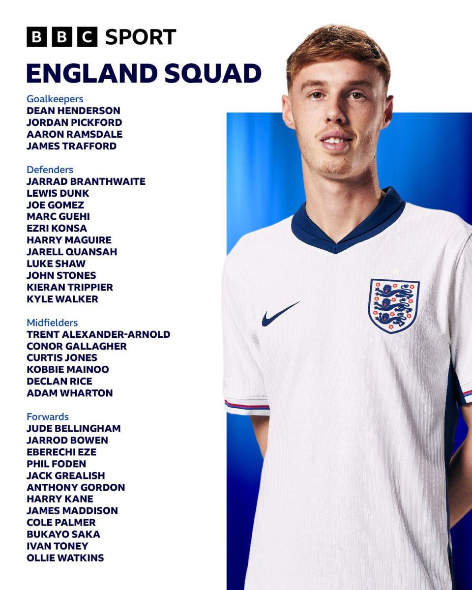 England's Euro 2024 provisional squad list: Goalkeepers: Dean Henderson (Crystal Palace), Jordan Pickford (Everton), Aaron Ramsdale (Arsenal), James Trafford (Burnley). Defenders: Jarrad Branthwaite (Everton), Lewis Dunk (Brighton), Joe Gomez (Liverpool), Marc Guehi (Crystal Palace), Ezri Konsa (Aston Villa), Harry Maguire (Manchester United), Jarell Quansah (Liverpool), Luke Shaw (Manchester United), John Stones (Manchester City), Kieran Trippier (Newcastle), Kyle Walker (Manchester City) Midfielders: Trent Alexander-Arnold (Liverpool), Conor Gallagher (Chelsea), Curtis Jones (Liverpool), Kobbie Mainoo (Manchester United), Declan Rice (Arsenal), Adam Wharton (Crystal Palace). Forwards: Jude Bellingham (Real Madrid), Jarrod Bowen (West Ham), Eberechi Eze (Crystal Palace), Phil Foden (Manchester City), Jack Grealish (Manchester City), Anthony Gordon (Newcastle), Harry Kane (Bayern Munich), James Maddison (Tottenham), Cole Palmer (Chelsea), Bukayo Saka (Arsenal), Ivan Toney (Brentford), Ollie Watkins (Aston Villa).