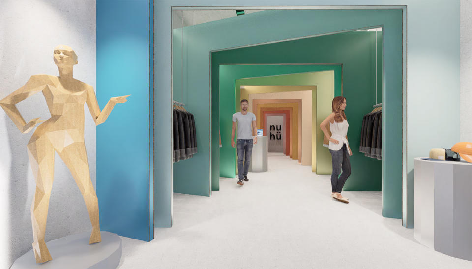 Cardboard mannequin (left) and cash wrap (right) in Nuhü Division SoHo store design rendering, courtesy Cartonlab and Studio Animal. - Credit: Courtesy Cartonlab and Studio Animal.