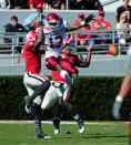 ATHENS, GA - NOVEMBER 5: Brandon Boykin #2 and Bacarri Rambo #18 of the Georgia Bulldogs break up a pass intended for Kemonte' Bateman #13 of the New Mexico State Aggies at Sanford Stadium on November 5, 2011 in Athens, Georgia. Photo by Scott Cunningham/Getty Images)