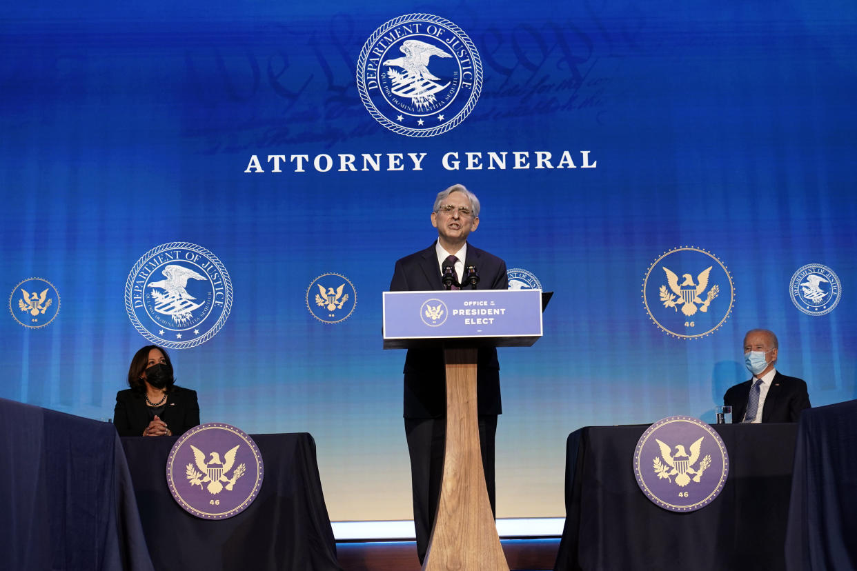 Attorney General nominee Judge Merrick Garland speaks during an event with President-elect Joe Biden and Vice President-elect Kamala Harris at The Queen theater in Wilmington, Del., Thursday, Jan. 7, 2021. (AP Photo/Susan Walsh)