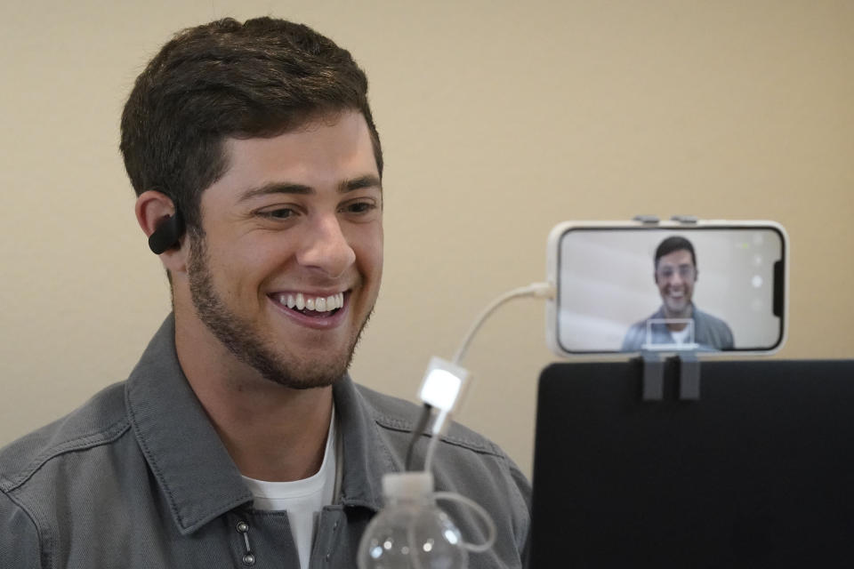 Actor Jaren Lewison sets up for a tech check with a cell phone before giving virtual interviews to media Wednesday, June 23, 2021, in Dallas to promote his Netflix series "Never Have I Ever." (AP Photo/LM Otero)