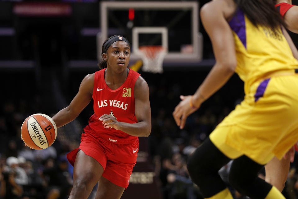 LOS ANGELES, CALIFORNIA - AUGUST 01: Guard Jackie Young #0 of the Las Vegas Aces handles the ball in the game against the Los Angeles Sparks at Staples Center on August 01, 2019 in Los Angeles, California. NOTE TO USER: User expressly acknowledges and agrees that, by downloading and or using this photograph, User is consenting to the terms and conditions of the Getty Images License Agreement.  (Photo by Meg Oliphant/Getty Images)