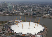 LONDON, ENGLAND - JULY 26: Aerial view of the North Greenwich Arena, also known as The Dome, which will host Artistic Gymnastics, Trampoline, Basketball andWheelchair Basketball events during the London 2012 Olympic Games on July 26, 2011 in London, England. (Photo by Tom Shaw/Getty Images)