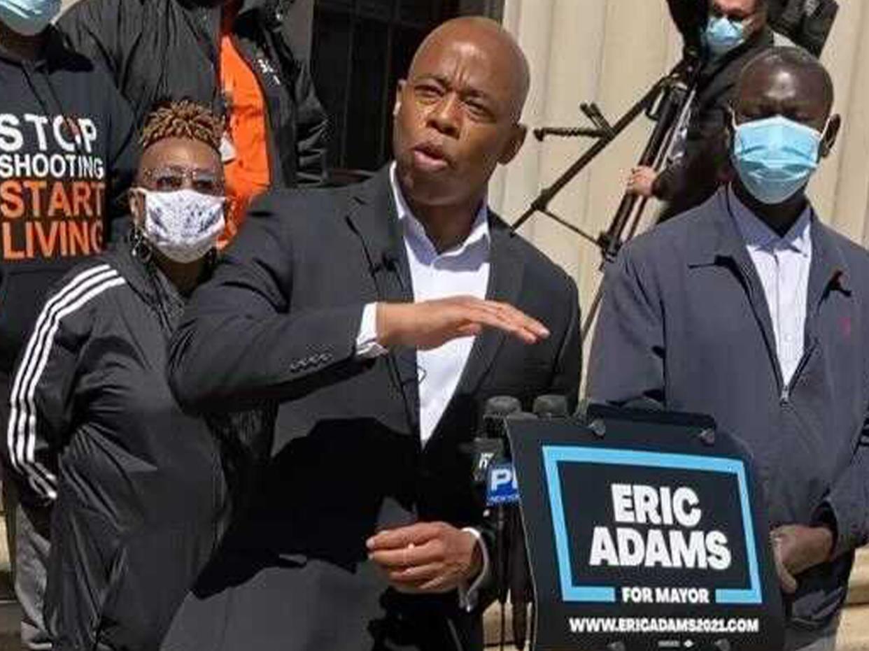 Brooklyn Borough President Eric Adams speaks outside Bronx Supreme Court.