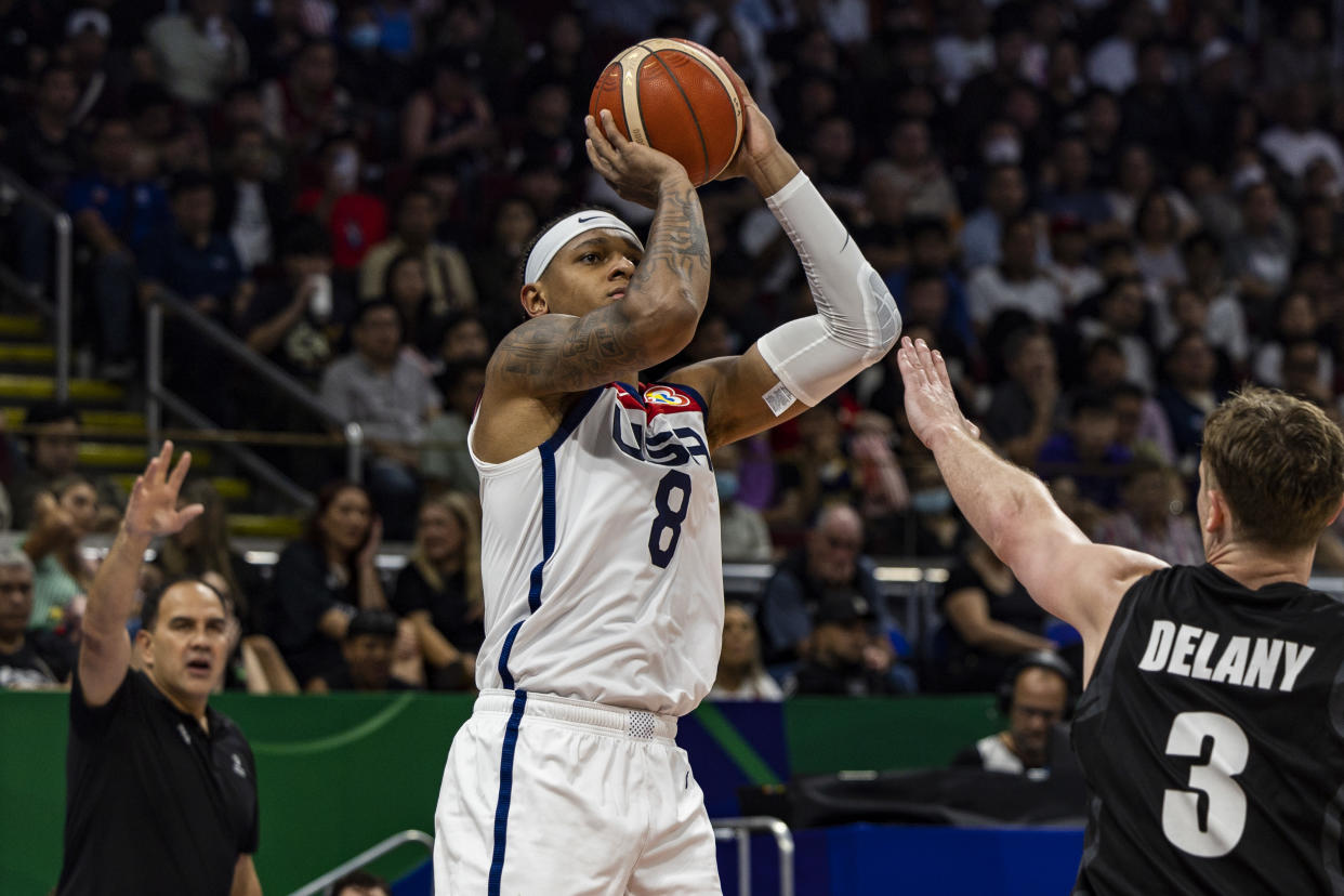 MANILA, PHILIPPINES - AUGUST 26: Paolo Banchero #8 of USA shoots the ball during the FIBA Basketball World Cup Group C game between United States and New Zealand at Mall of Asia Arena on August 26, 2023 in Pasay, Metro Manila, Philippines. (Photo by Ezra Acayan/Getty Images)