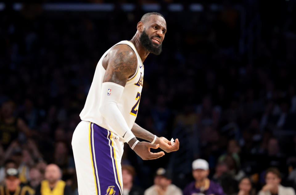 LOS ANGELES, CALIFORNIA - APRIL 27: Lakers LeBron James in Game 4 of the NBA playoffs at Crypto.com Arena. (Wally Skalij/Los Angeles Times via Getty Images)