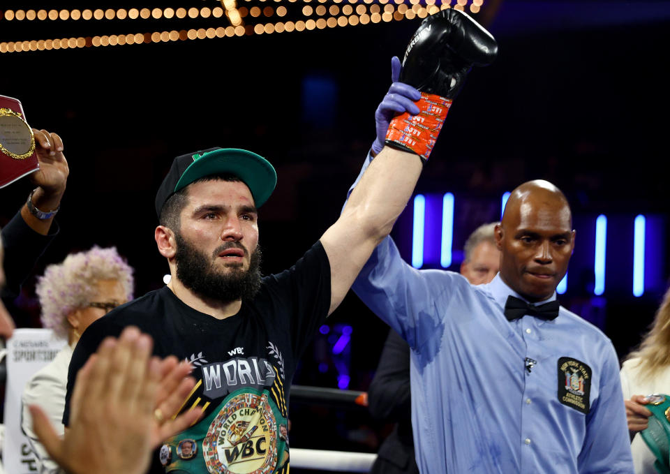 NEW YORK, NEW YORK - JUNE 18:  Artur Beterbiev celebrates after defeating Joe Smith Jr during the light heavyweight title bout at The Hulu Theater at Madison Square Garden on June 18, 2022 in New York City. The fight was stopped in the second round. (Photo by Elsa/Getty Images)