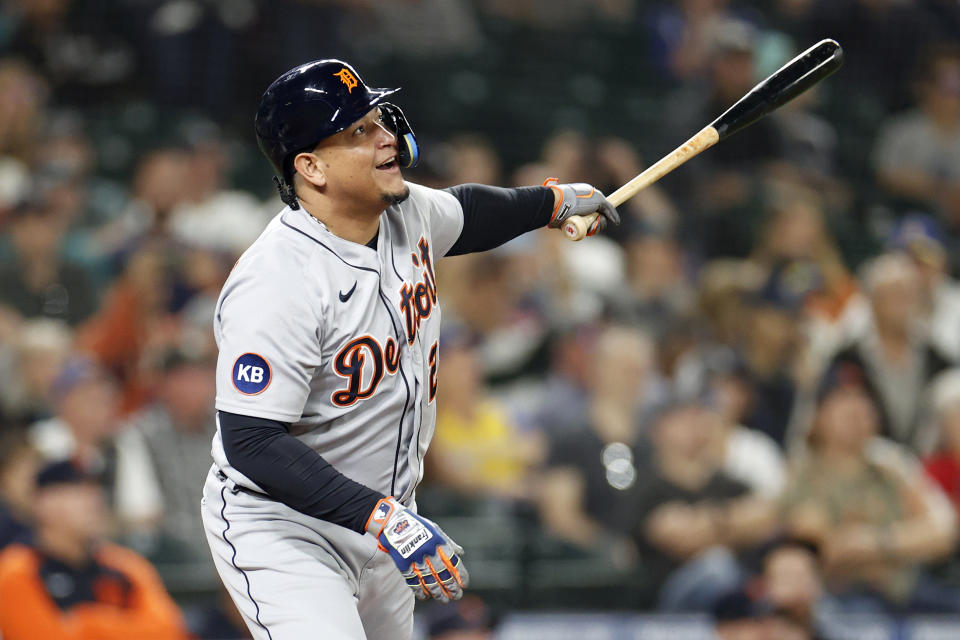 SEATTLE, WASHINGTON - OCTOBER 03: Miguel Cabrera #24 of the Detroit Tigers at bat during the fourth inning Mariners at T-Mobile Park on October 03, 2022 in Seattle, Washington. (Photo by Steph Chambers/Getty Images)