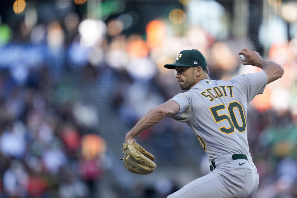 Oakland Athletics pitcher Tayler Scott throws to a San Francisco Giants batter during the first inning of a baseball game, Tuesday, July 25, 2023, in San Francisco. (AP Photo/Godofredo A. Vásquez)