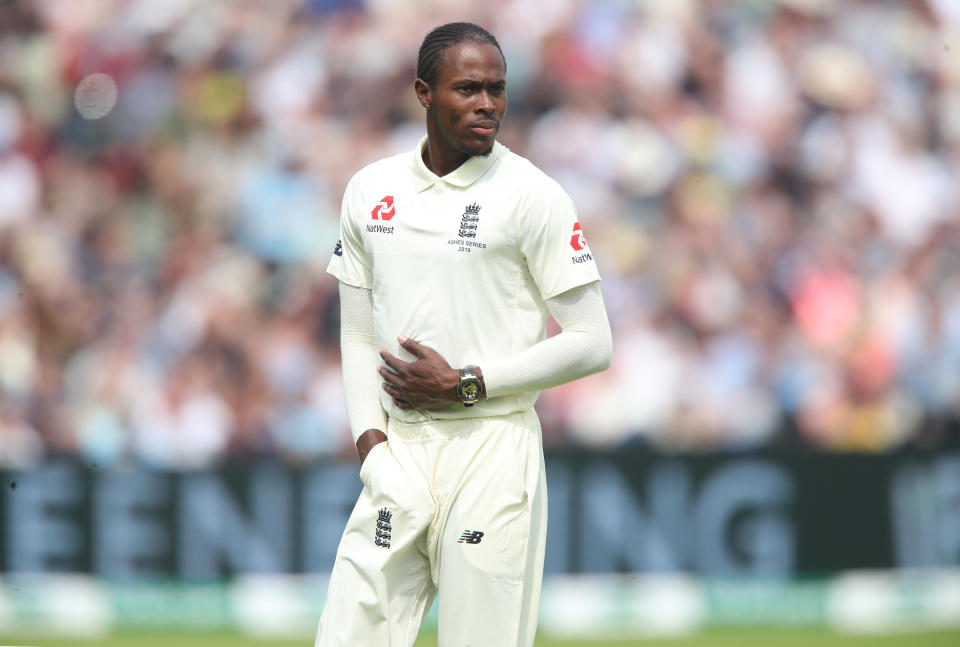 England substitute fielder Jofra Archer on day four of the Ashes Test match at Edgbaston, Birmingham. (Photo by Nick Potts/PA Images via Getty Images)