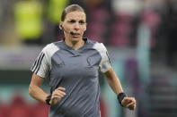 Referee Stephanie Frappart warms up prior to the World Cup group E soccer match between Costa Rica and Germany at the Al Bayt Stadium in Al Khor, Qatar, Thursday, Dec.1, 2022. (AP Photo/Moises Castillo)