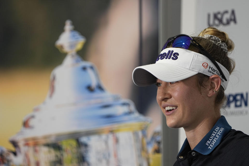 Nelly Korda speaks during a news conference after a practice round for the U.S. Women's Open golf tournament at the Pine Needles Lodge & Golf Club in Southern Pines, N.C. on Tuesday, May 31, 2022. (AP Photo/Chris Carlson)