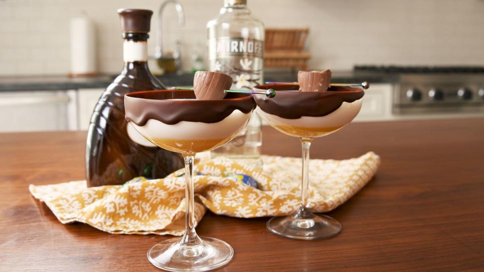 <p>Cadbury Creme Egg lovers, we made this drink just for you. Not unlike the candy, these martinis are VERY sweet. If you'd like to tone down the sweetness, we'd suggest omitting the sweetened condensed milk. (Even though it looks so cute!)</p><p>Get the <a href="https://www.delish.com/uk/cocktails-drinks/a32065919/cadbury-creme-martini-recipe/" rel="nofollow noopener" target="_blank" data-ylk="slk:Cadbury Creme Egg Martini;elm:context_link;itc:0;sec:content-canvas" class="link ">Cadbury Creme Egg Martini</a> recipe.</p>