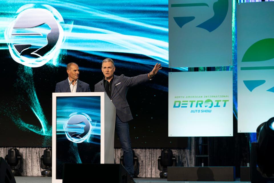 Thad Szott, 2023 chairman of the North American International Auto Show, left, and Rod Alberts 2023 executive director of the NAIAS kick off the Detroit auto show held at Huntington Place on Sept. 13, 2023.