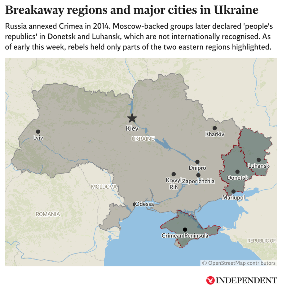 This map shows the main cities of Ukraine, as well as the separatist regions backed by Moscow.  Earlier this week, the rebels controlled only parts of the prominent Donetsk and Luhansk regions (The Independent)