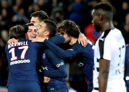 Football Soccer - Paris Saint-Germain v Rennes - French Ligue 1 - Parc des Princes, Paris, France - 6/11/16 Paris St Germain's Marco Verratti (2nd L) celebrates with team mates after he scored during the match against Rennes. REUTERS/Jacky Naegelen