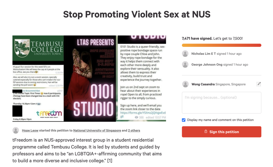 (SCREENSHOT: Stop Promoting Violent Sex at NUS on Change.org)