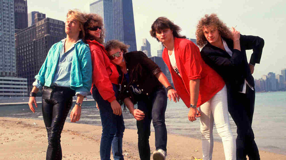 Helloween posing on a beach in 1987