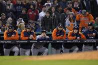 Members of the Houston Astros react after their loss against the Boston Red Sox in Game 3 of baseball's American League Championship Series Monday, Oct. 18, 2021, in Boston. The Red Sox won 12-3, to take a 2-1 game lead in the series. (AP Photo/David J. Phillip)