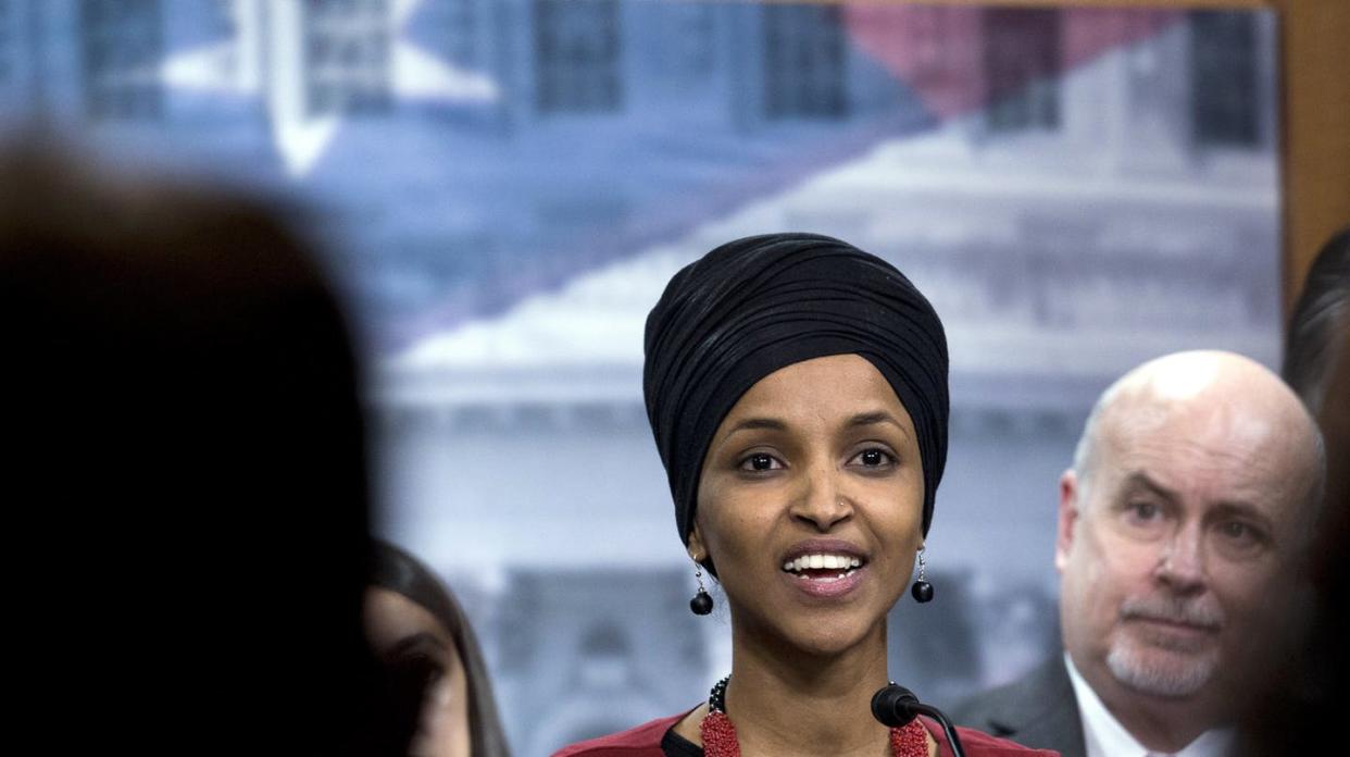 <span class="caption">Rep. Ilhan Omar (D-Minn.), with Rep. Marc Pocan (D.-Wis.) behind her, speaks Jan. 8, 2020 at the Capitol.</span> <span class="attribution"><a class="link " href="http://www.apimages.com/metadata/Index/Congress-US-Iran/91444e7ea3b34c10a59e5086bb9363b3/5/0" rel="nofollow noopener" target="_blank" data-ylk="slk:Jose Luis Magana/AP Photo;elm:context_link;itc:0;sec:content-canvas">Jose Luis Magana/AP Photo</a></span>