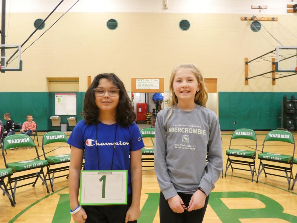 Michael Rodriguez, left, won the West Branch Local Schools' spelling bee for students in fourth and fifth grades on Thursday, Jan. 4, 2024. At right is fifth-grader Avery Cushman, who finished as the runner-up.