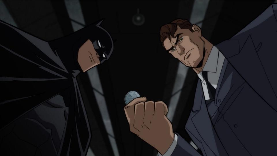 Batman: The Long Halloween scene showing the Dark Knight and a pre-Two-Face Harvey Dent.