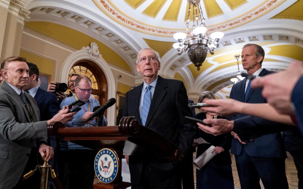 Senate Republican Leader Mitch McConnell speaks to the media on Capitol Hill in Washington