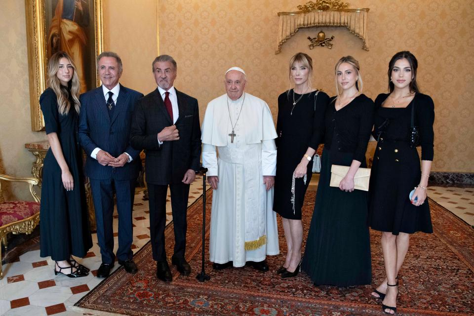 Pope Francis meets with Sylvester Stallone and relatives at the Apostolic Palace on September 08, 2023 in Vatican City, Vatican.