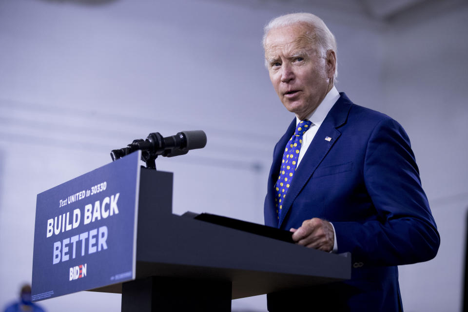 Democratic presidential candidate former Vice President Joe Biden speaks at a campaign event at the William "Hicks" Anderson Community Center in Wilmington, Del., Tuesday, July 28, 2020.(AP Photo/Andrew Harnik)