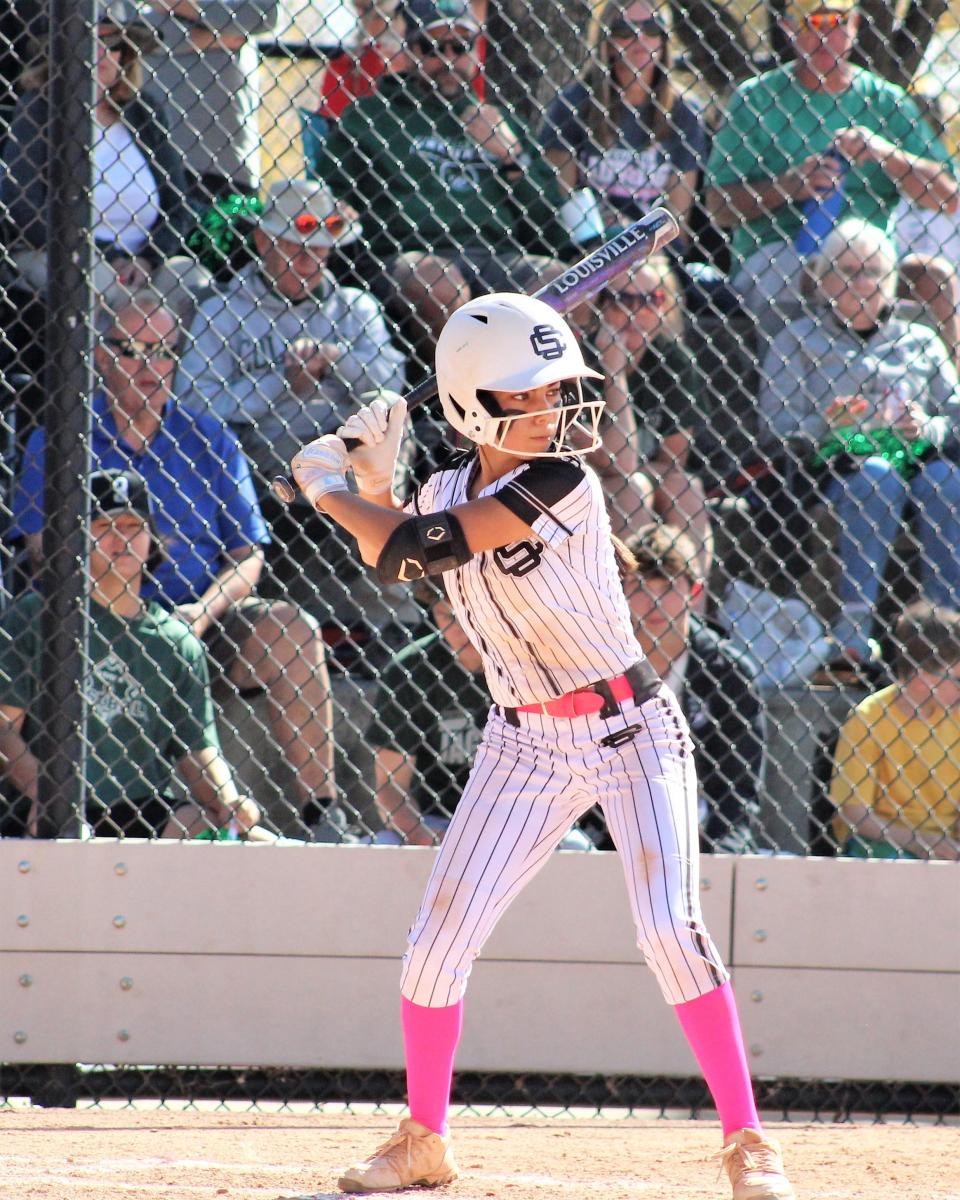 Marissa Keck of Pueblo South waits for the pitch against D'Evelyn in the CHSAA 2022 Class 4A state softball finals at Aurora Sports Complex on Oct. 21, 2022