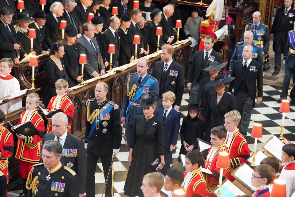 Members of the royal family (left to right, from front) the Duke of York, the Earl of Wessex, the Countess of Wessex, the Prince of Wales, Prince George, Princess Charlotte, the Princess of Wales, the Duke of Sussex, the Duchess of Sussex, Peter Phillips, the Earl of Snowdon, the Duke of Gloucester and the Duke of Kent attend the State Funeral of Queen Elizabeth II.