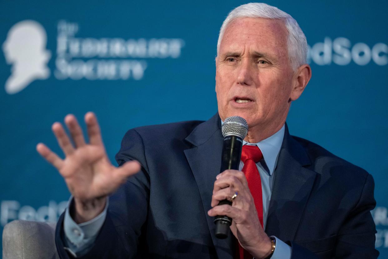 Former Vice President Mike Pence speaks at the Federalist Society Executive Branch Review conference, Tuesday, April 25, 2023, in Washington.