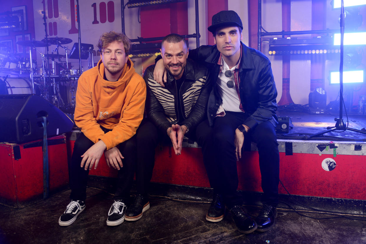 LONDON, ENGLAND - OCTOBER 29:  (L-R) James Bourne, Matt Willis and Charlie Simpson of Busted backstage ahead of playing their smallest gig ever at The 100 Club on October 29, 2018 in London, England. (Photo by Dave J Hogan/Dave J Hogan/Getty Images for Warner Music)