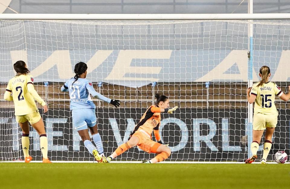 Manchester City’s Khadija Shaw (second left) scores her side’s first goal against Arsenal (Zac Goodwin/PA) (PA Wire)