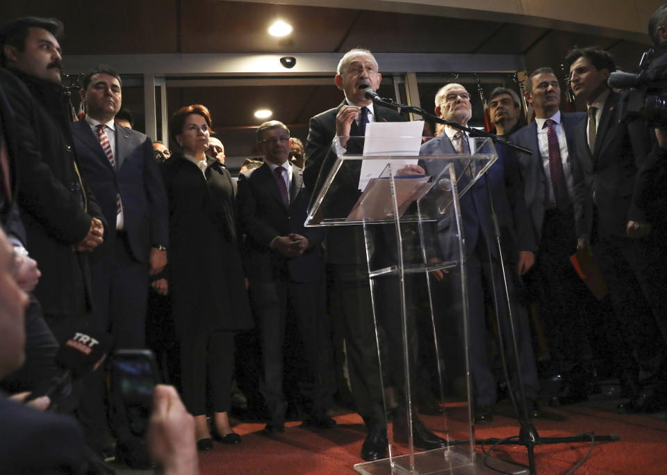 FILE - Kemal Kilicdaroglu, the leader of the pro-secular, center-left Republican People's Party, CHP, speaks after a six-party alliance nominated him as its candidate to challenge incumbent President Recep Tayyip Erdogan, in Ankara, Turkey, Monday, March 6, 2023. Kilicdaroglu, seeking to unseat Erdogan in the May 14 election, cuts a starkly different figure than the incumbent who has led the country for two decades. (AP Photo/Burhan Ozbilici, File)