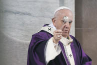 VATICAN CITY, VATICAN - FEBRUARY 26: Pope Francis leads the Ash Wednesday mass which opens Lent, the forty-day period of abstinence and deprivation for Christians before Holy Week and Easter, on February 26, 2020 in Vatican City, Vatican. (Photo by Vatican Pool - Corbis/Corbis via Getty Images)