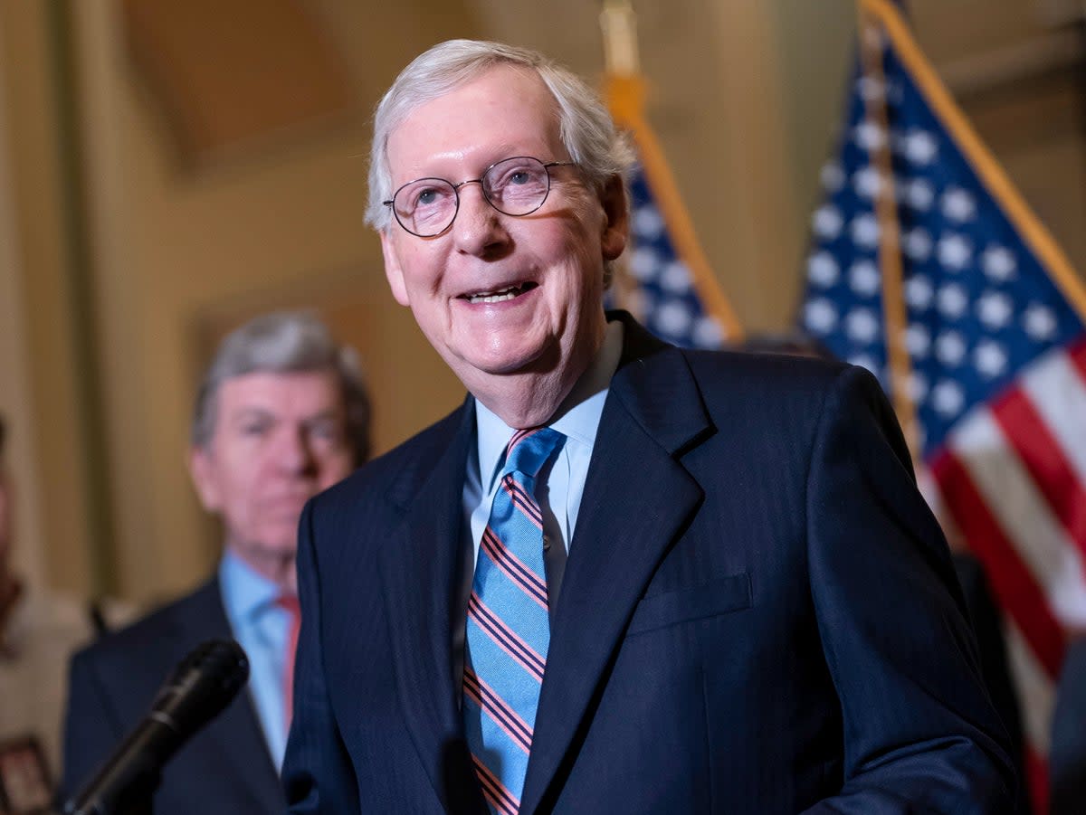 Senate Minority Leader Mitch McConnell, R-Ky., speaks with reporters following a closed-door policy lunch, at the Capitol in Washington, June 14, 2022 (AP)