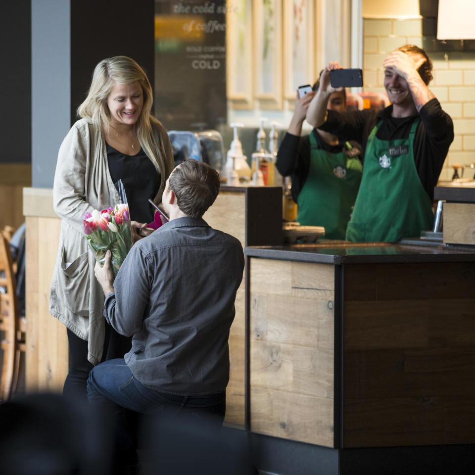 This couple got engaged in the Amsterdam airport Starbucks. (Credit: Anna Havens, courtesy of Starbucks)