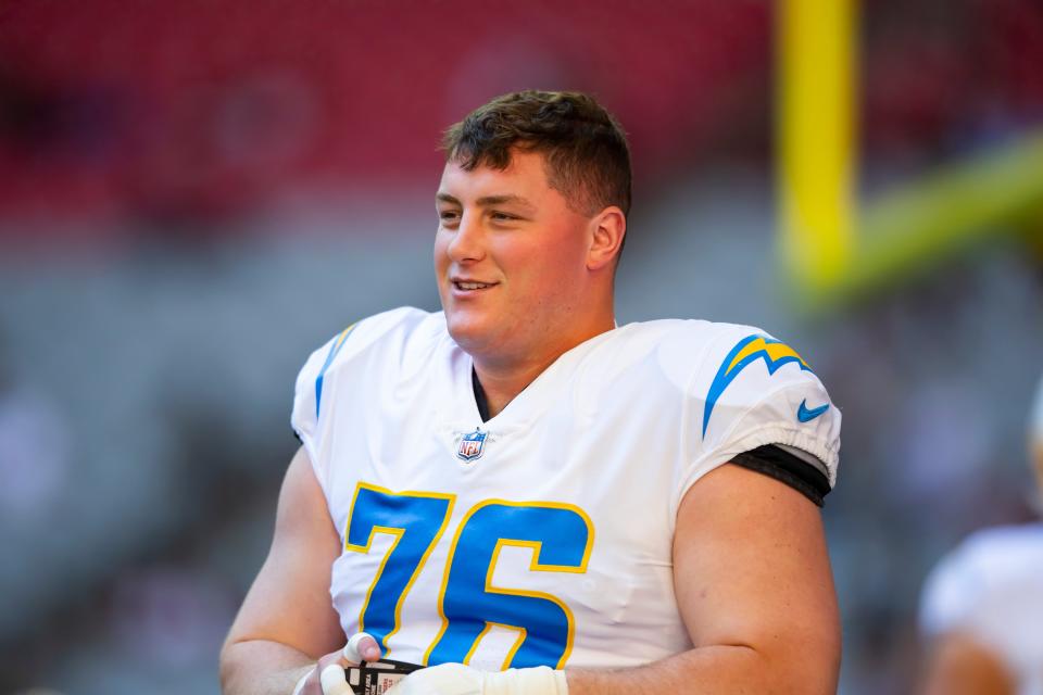 Nov 27, 2022; Glendale, Arizona, USA; Los Angeles Chargers center Will Clapp (76) against the Arizona Cardinals at State Farm Stadium. Mandatory Credit: Mark J. Rebilas-USA TODAY Sports