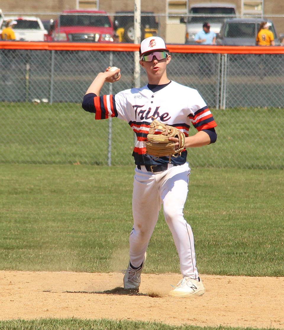 Pontiac shortstop Cayden Masching makes a throw for an out during the Tribe's game with Reed-Custer Saturday at The Ballpark at Williamson Field.