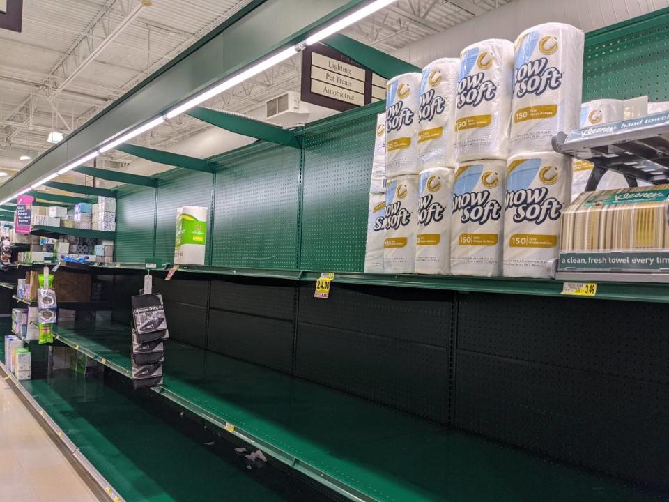 The Steele Croft Publix in Steele Creek posted a sign Friday morning that the store was out of stock on toilet paper, sanitizing wipes and cleaners. It also had a limited supply of paper towels.